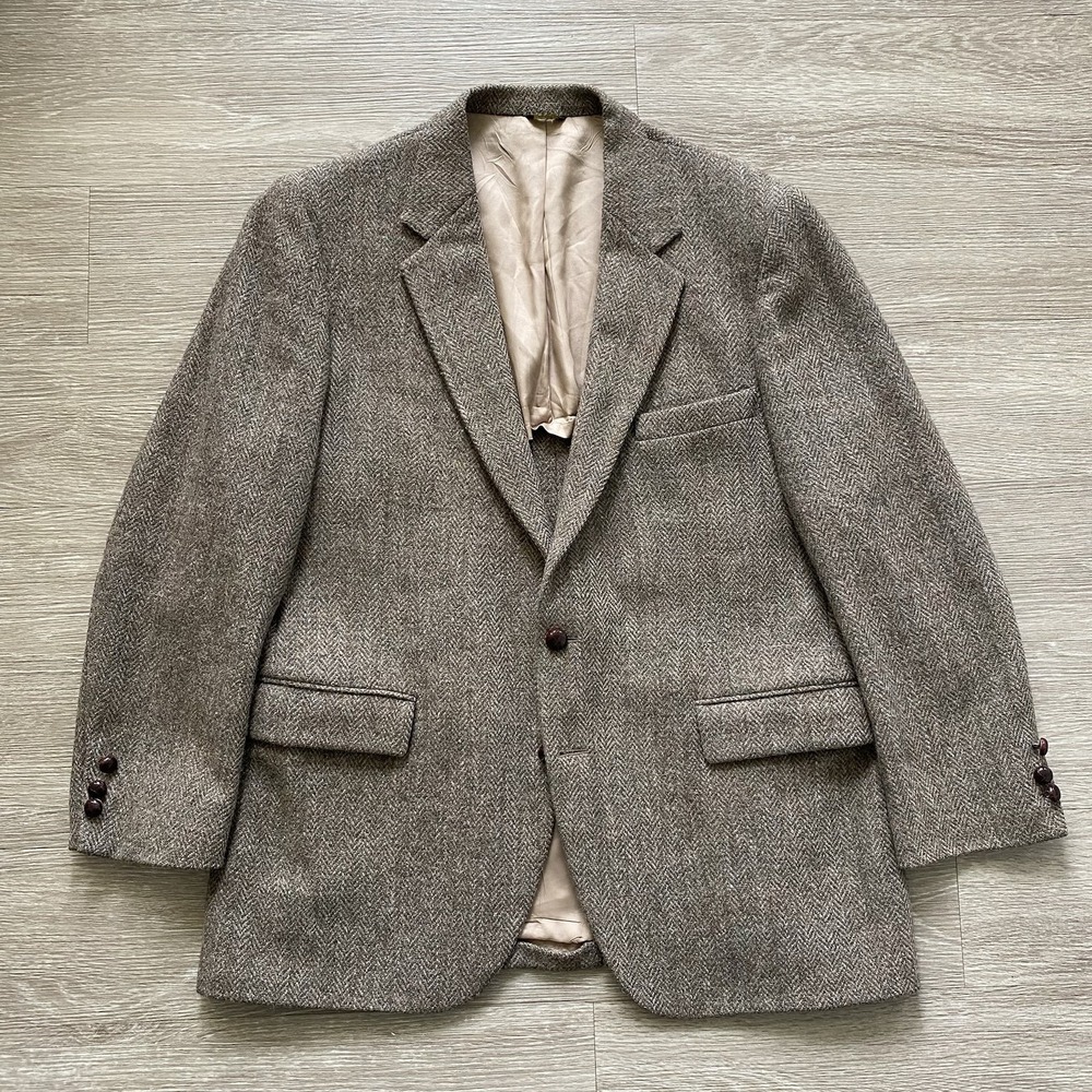 Vintage Harris Tweed Herringbone Wool Blazer Brown Mens 46R Brown Sport Coat USA